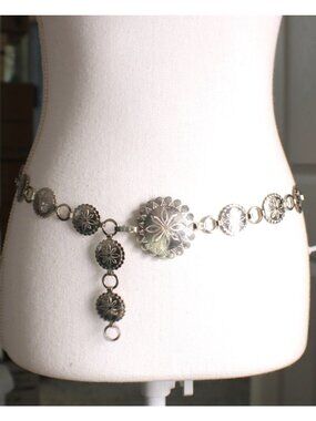 Silver Concho Belt Floral Engraved Western Native American Style Adjustable Vtg